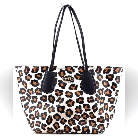 COACH Designer Animal Taxi Tote 28 Ocelot Leopard Print Leather Bag Purse Tote - Picture 1 of 10